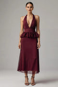 Stylish Refined Beautiful Timeless Elegant Burgundy Chiffon Sheath Halter Sleeveless Prom Dress