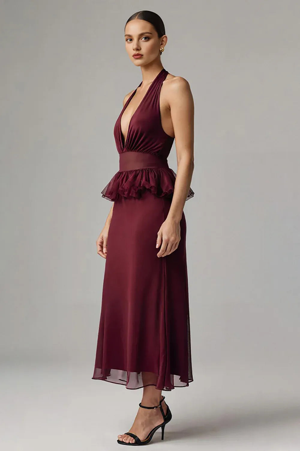 Stylish Refined Beautiful Timeless Elegant Burgundy Chiffon Sheath Halter Sleeveless Prom Dress