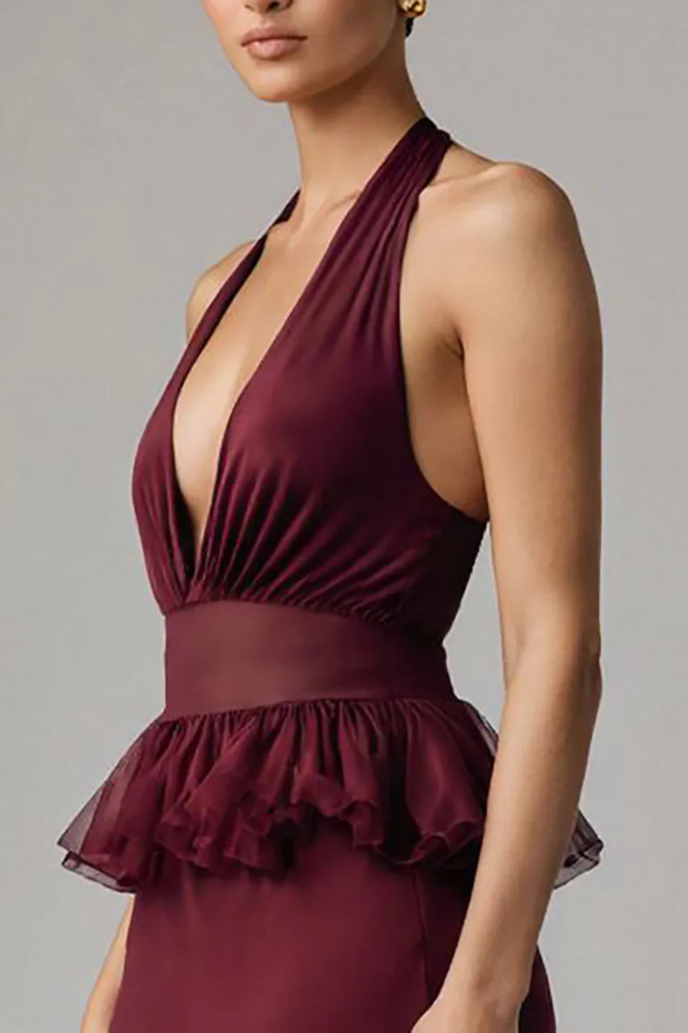 Stylish Refined Beautiful Timeless Elegant Burgundy Chiffon Sheath Halter Sleeveless Prom Dress