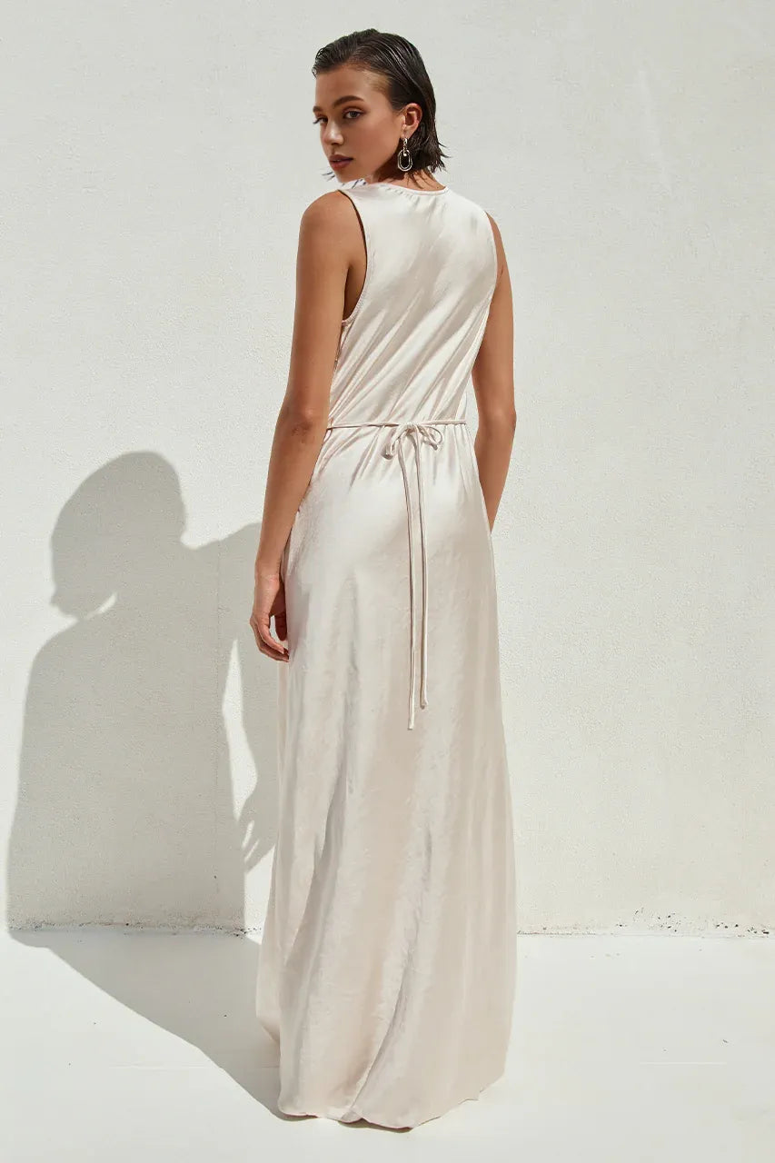Special Occasion Sophisticated Graceful Stylish Refined Elegant Champagne Satin Sheath Sleeveless Prom Dress