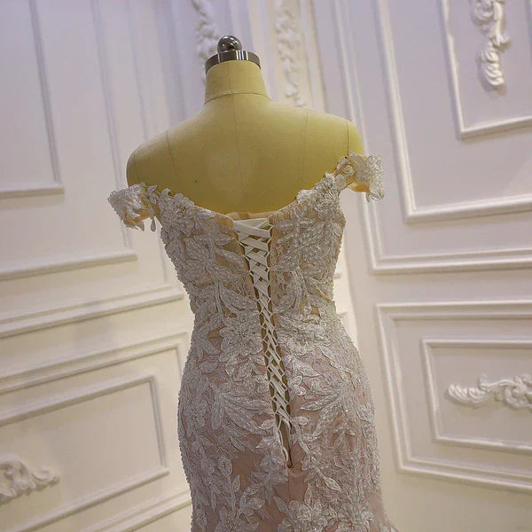 Floral Applique Illusion Plunging V Neck Mermaid Wedding Dresses