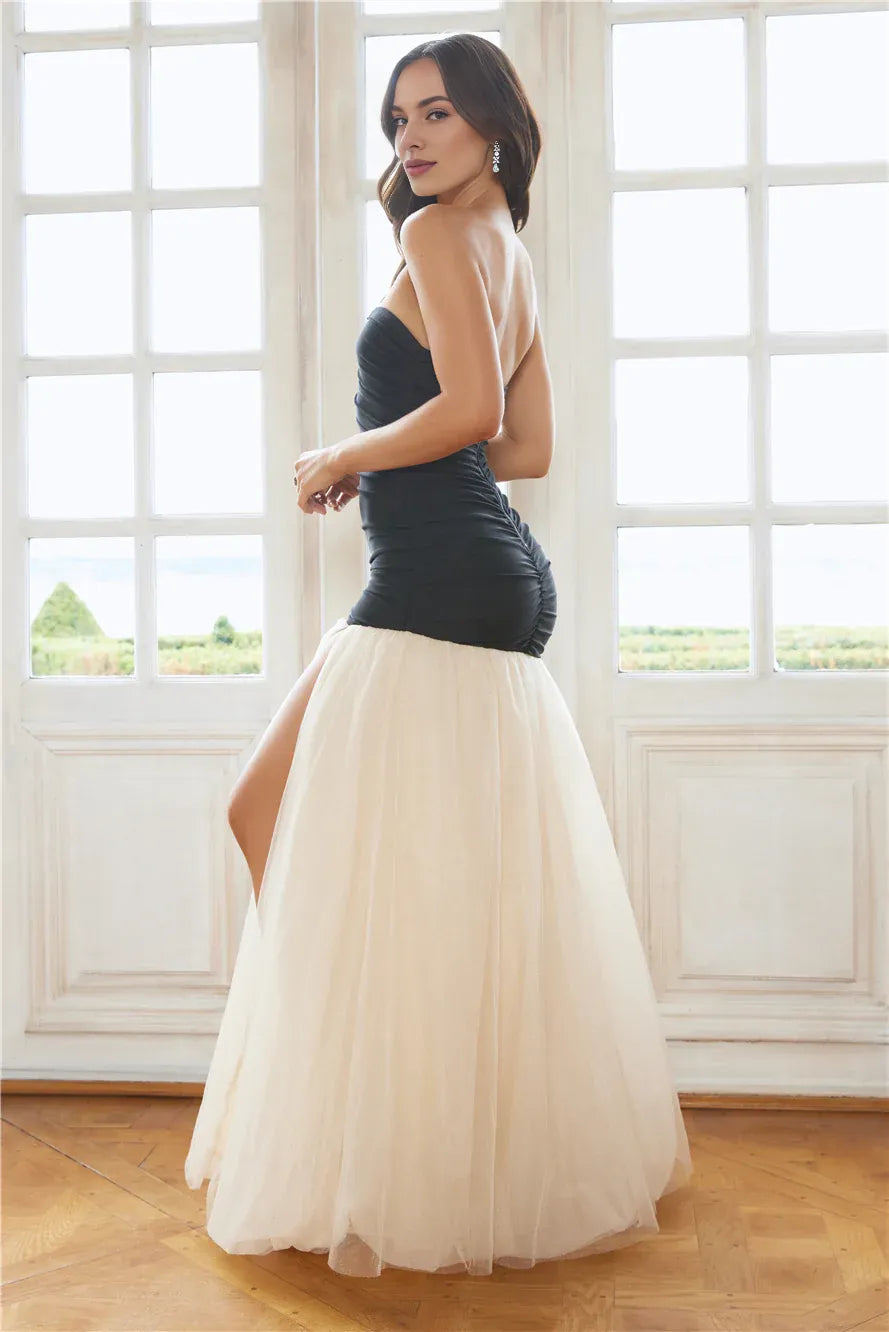 Black Appropriate Color Matching Mermaid Strapless Maxi Prom Dress With Slit