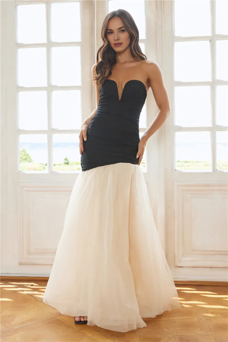 Black Appropriate Color Matching Mermaid Strapless Maxi Prom Dress With Slit