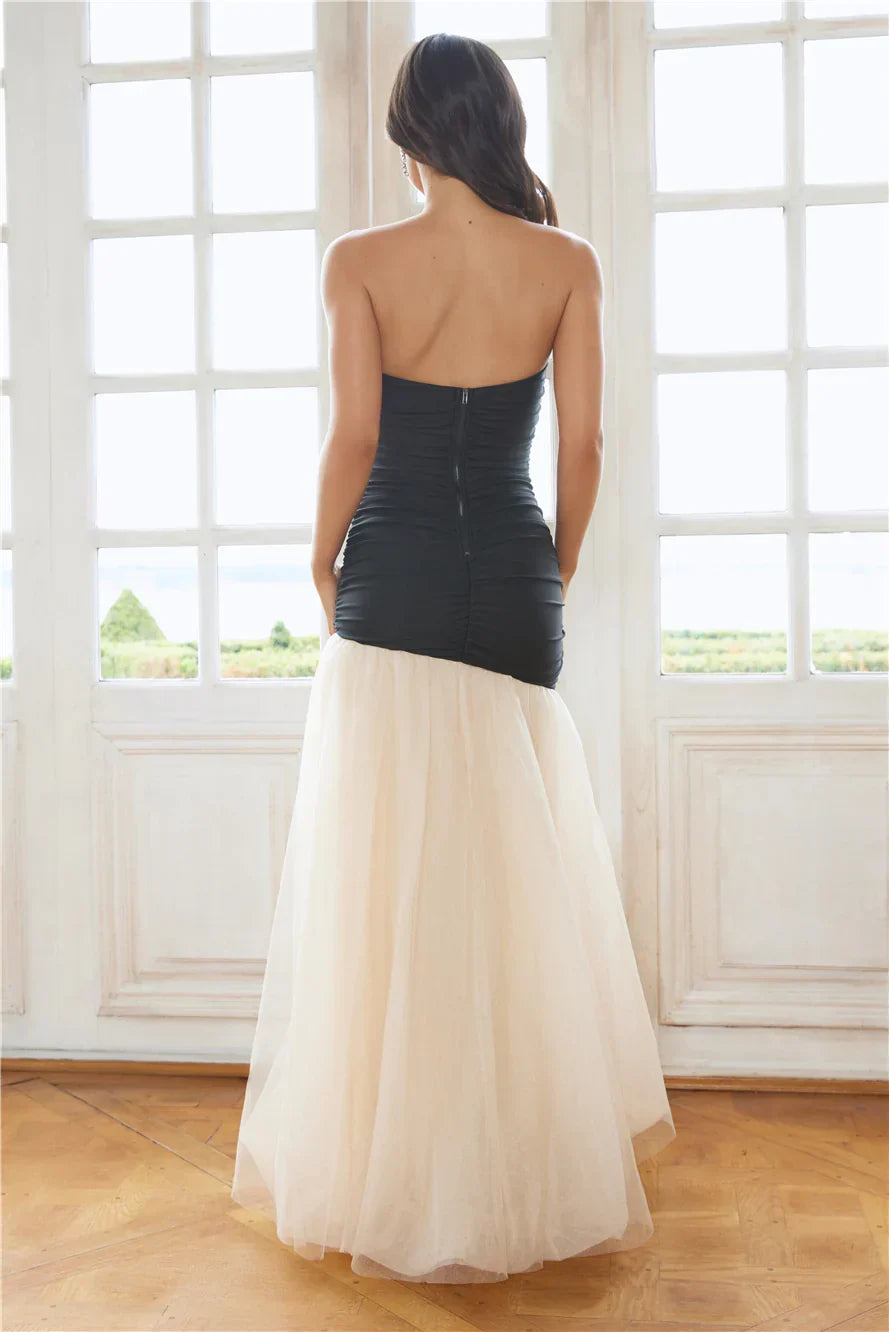 Black Appropriate Color Matching Mermaid Strapless Maxi Prom Dress With Slit
