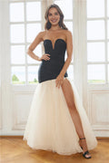 Black Appropriate Color Matching Mermaid Strapless Maxi Prom Dress With Slit