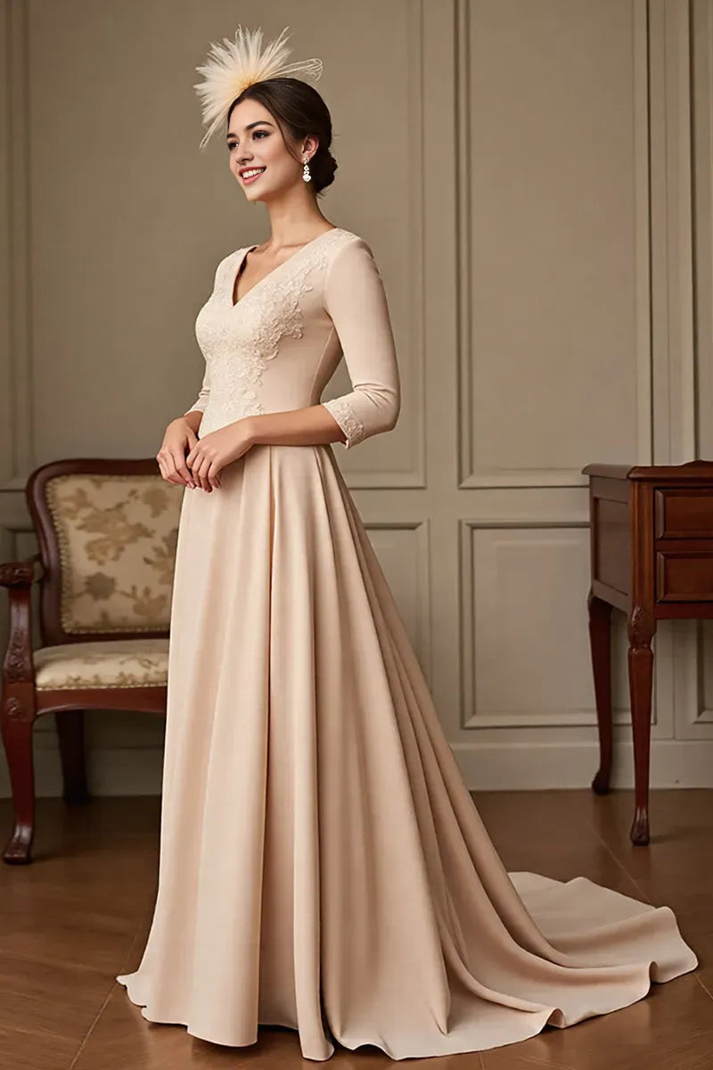 Apricot A Line V-Neck Mother of the Bride Dress