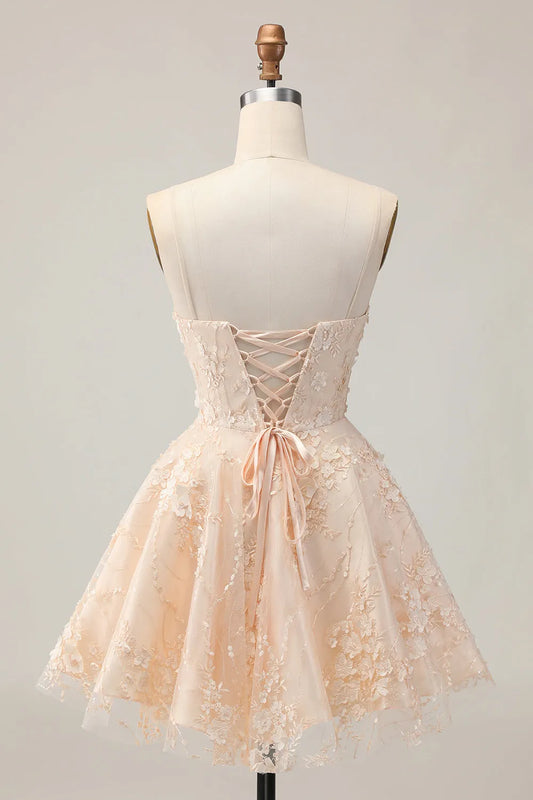 Elegant Apricot Floral A-Line Classic-Neck Sleeveless Classic-Back Mini-Length Homecoming Dress