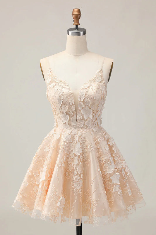 Elegant Apricot Floral A-Line Classic-Neck Sleeveless Classic-Back Mini-Length Homecoming Dress