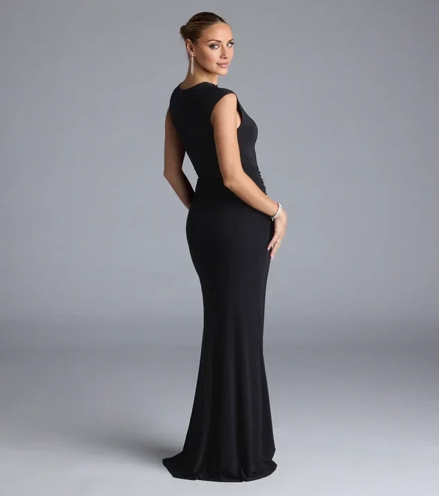 Elegant Mermaid Cutout Neck Sleeveless Plain Back Slit Long Evening Dress