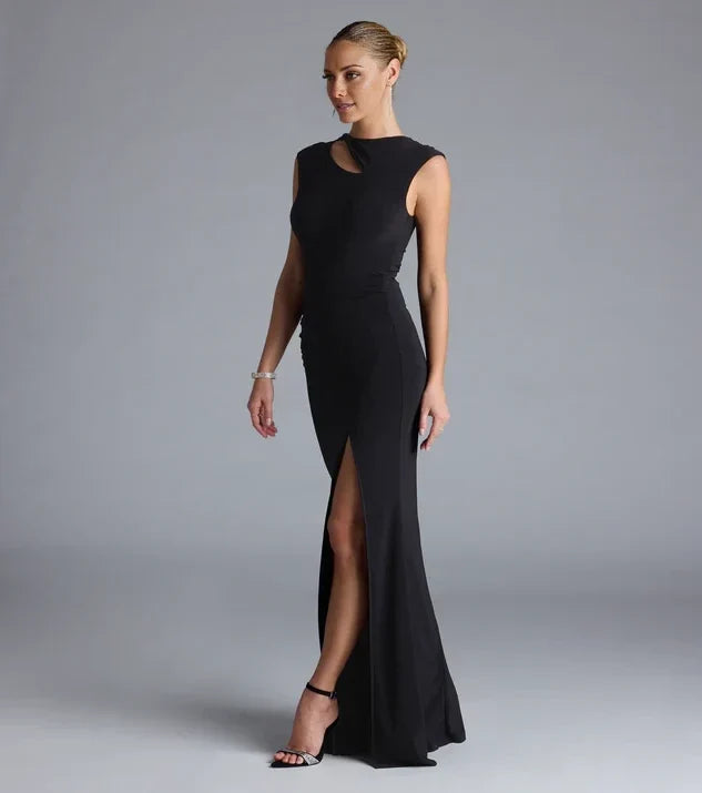 Elegant Mermaid Cutout Neck Sleeveless Plain Back Slit Long Evening Dress