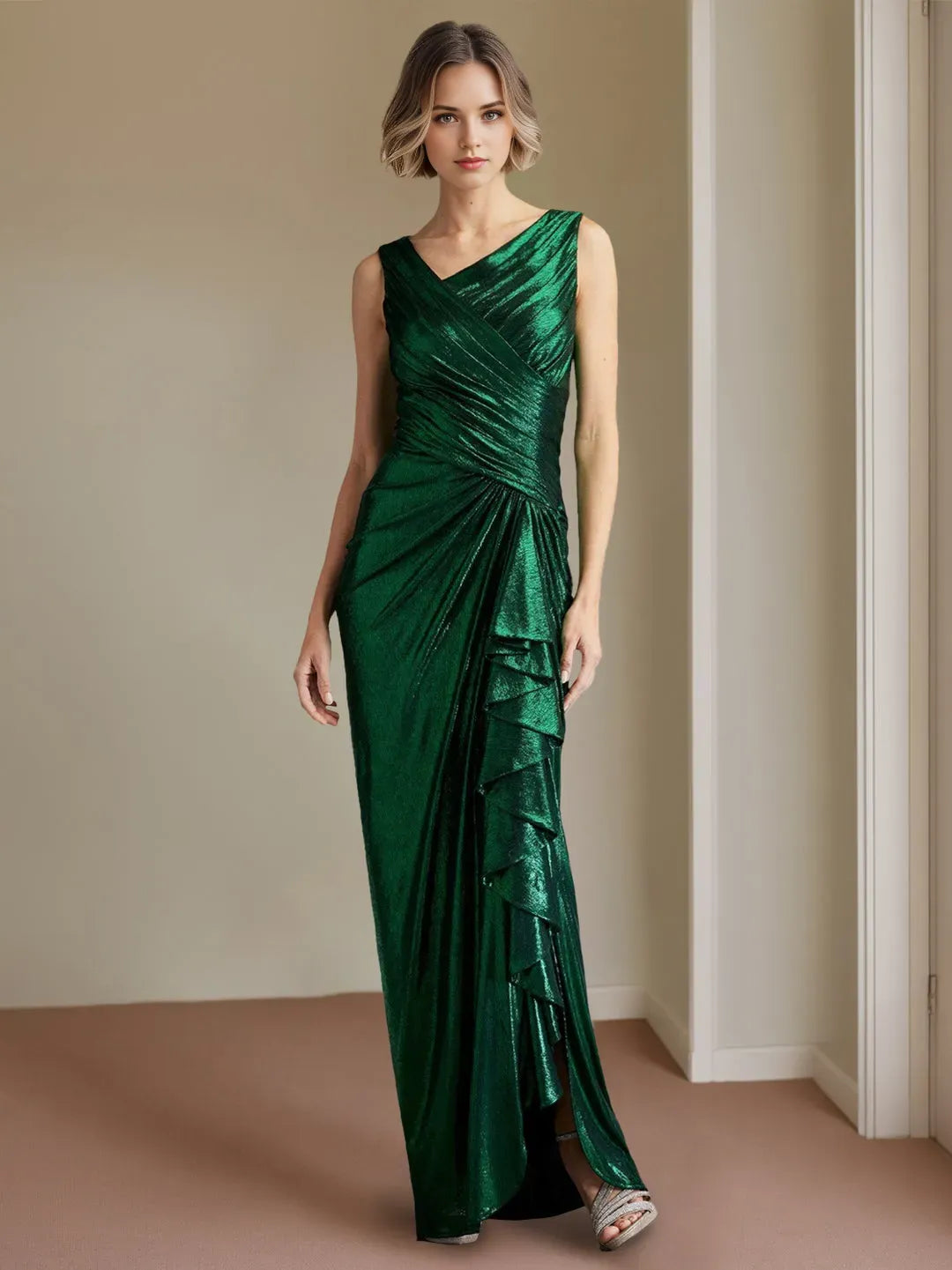 Asymmetric Neck Sleeveless Floor-Length Prom Evening Dresses with Split Side Ruffles