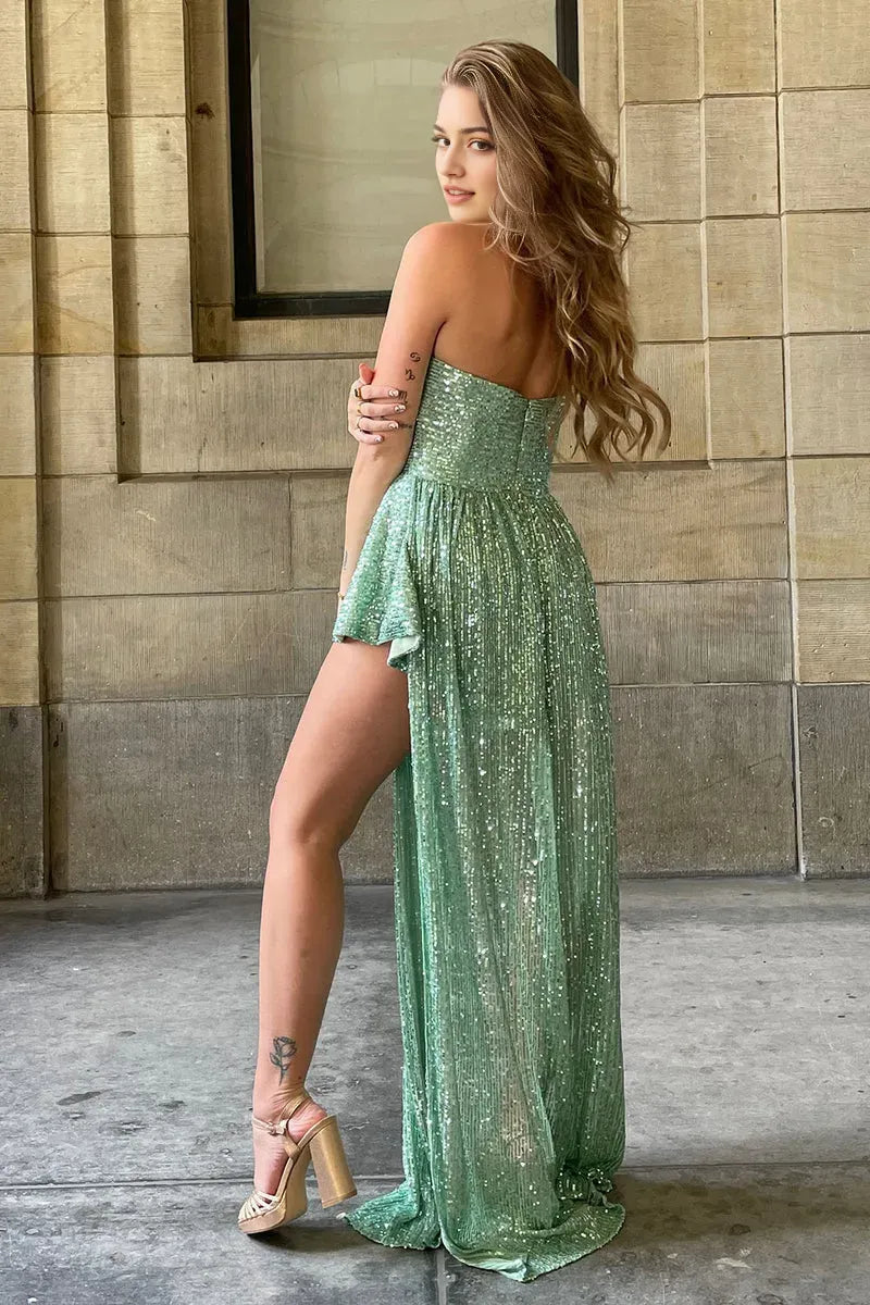 Green Asymmetrical Light Halter Sequins Homecoming Dress with Keyhole