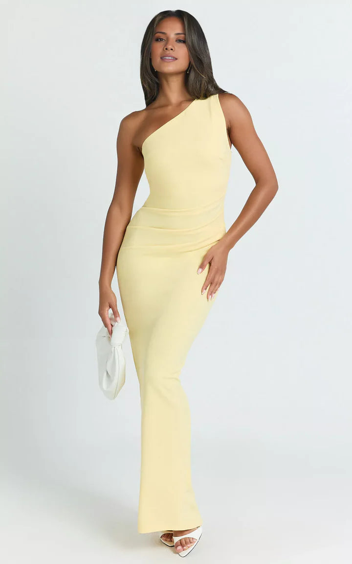 Lemon Yellow One-Shoulder Ruched Floor-Length Prom Dress