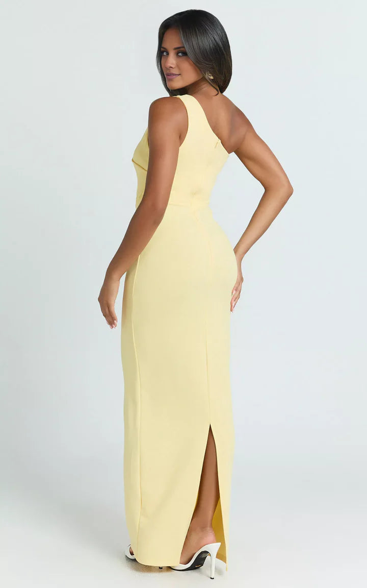 Lemon Yellow One-Shoulder Ruched Floor-Length Prom Dress