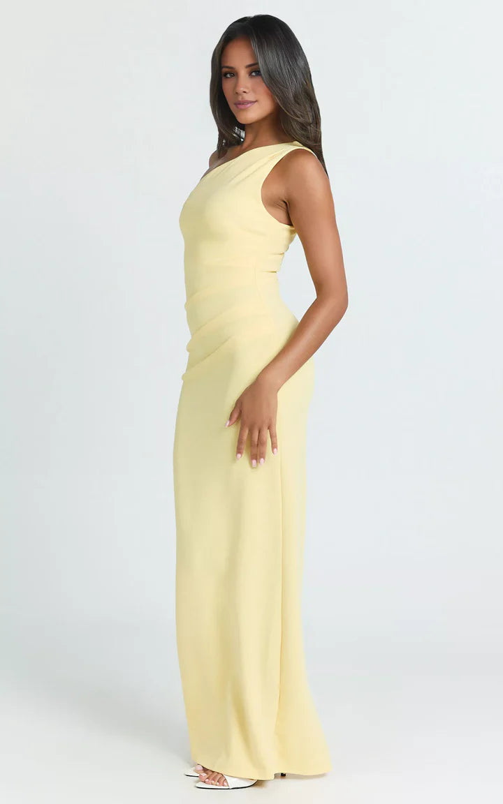 Lemon Yellow One-Shoulder Ruched Floor-Length Prom Dress