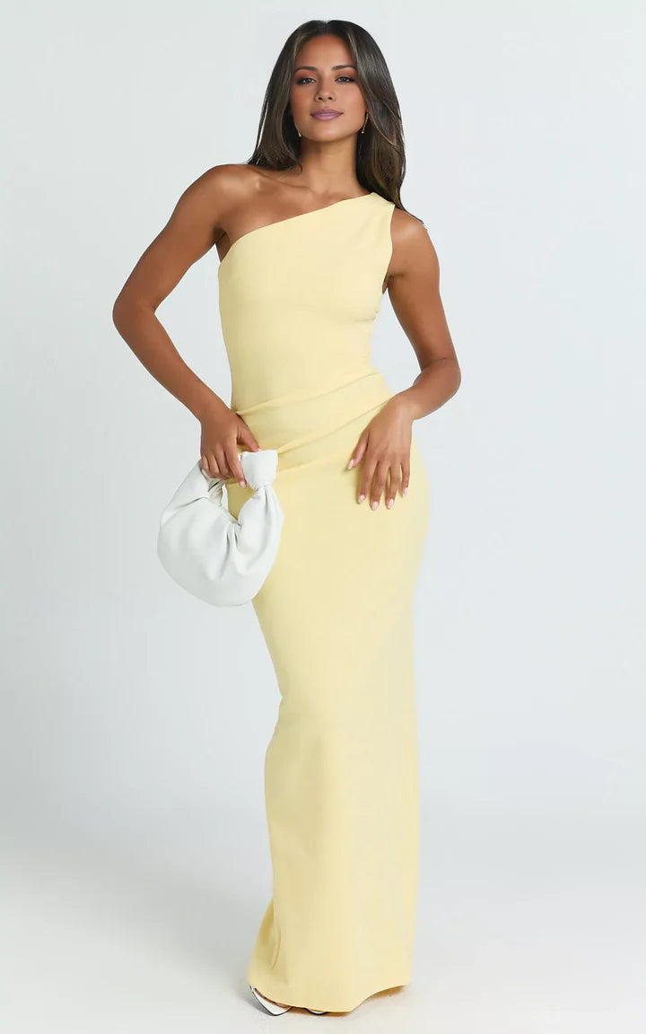 Lemon Yellow One-Shoulder Ruched Floor-Length Prom Dress