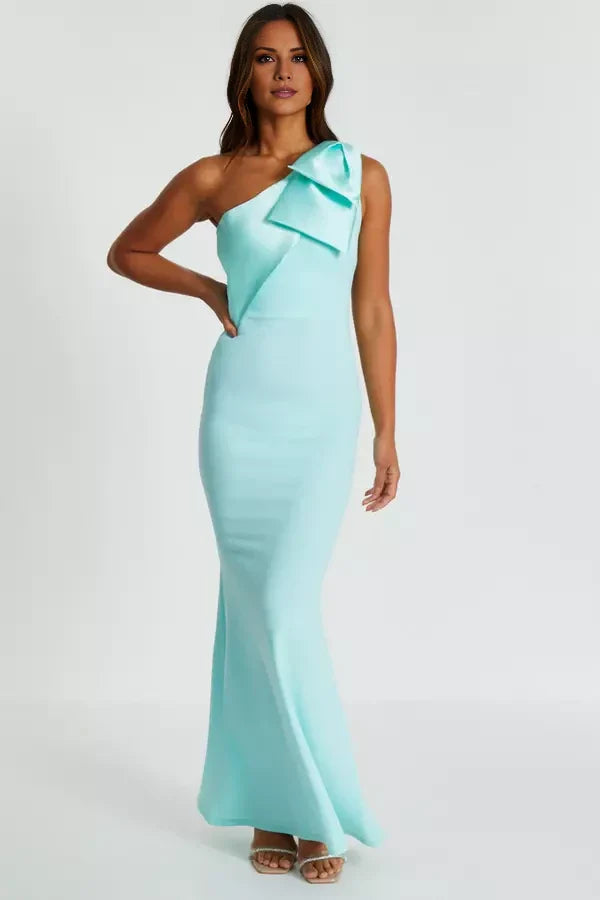 Mint One-Shoulder Bow Detail Mermaid Floor-Length Prom Dress
