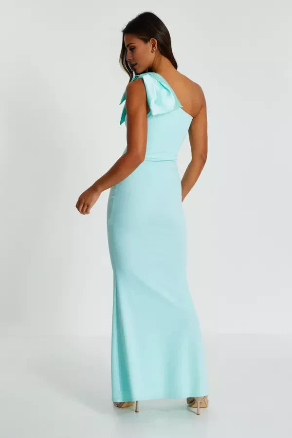 Mint One-Shoulder Bow Detail Mermaid Floor-Length Prom Dress