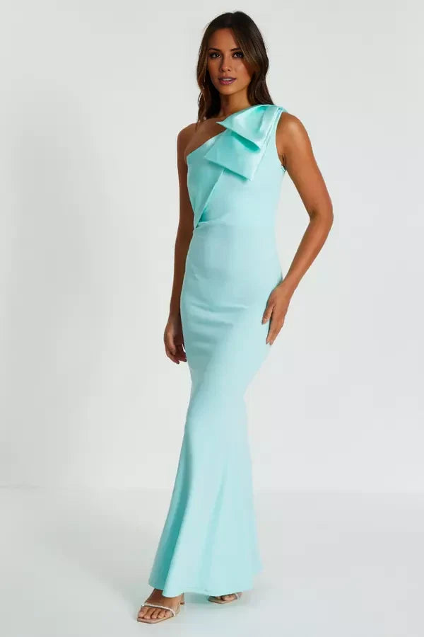 Mint One-Shoulder Bow Detail Mermaid Floor-Length Prom Dress