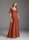 Auburn A-Line V-Neck Pleated Mother of the Bride Dress with Flutter Sleeves and Flowy Maxi Skirt