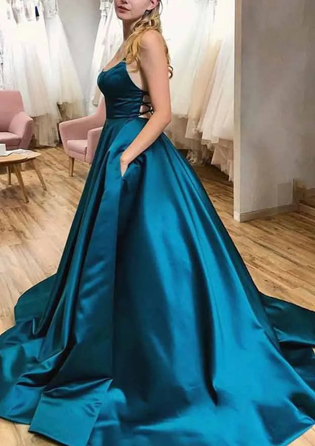 Ball Gown A-line Square Neckline Spaghetti Straps Sweep Train Prom Dress With Pleated Pockets
