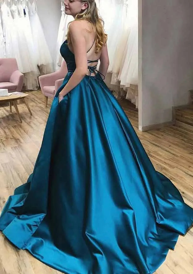 Ball Gown A-line Square Neckline Spaghetti Straps Sweep Train Prom Dress With Pleated Pockets