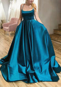Ball Gown A-line Square Neckline Spaghetti Straps Sweep Train Prom Dress With Pleated Pockets