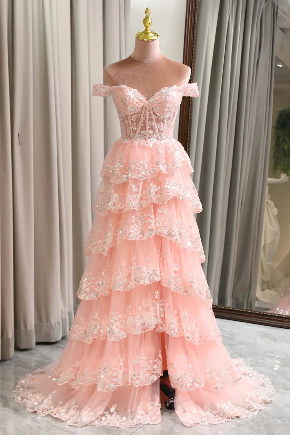 Romantic Ball Gown Off-Shoulder Tiered Blush Maxi Prom Dress