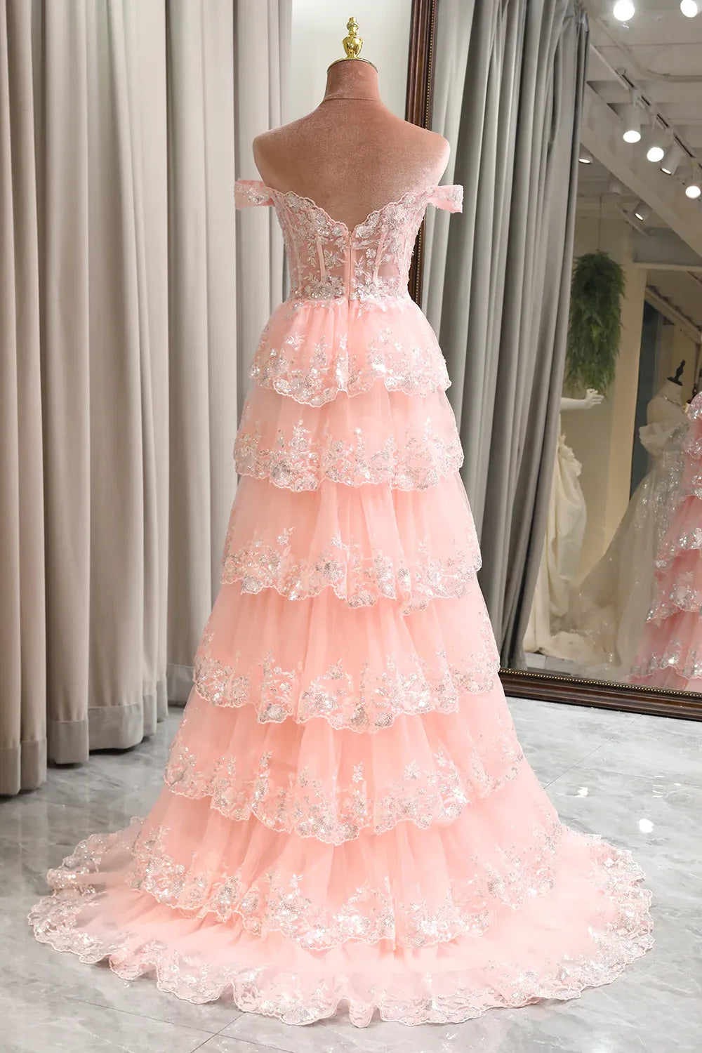 Romantic Ball Gown Off-Shoulder Tiered Blush Maxi Prom Dress