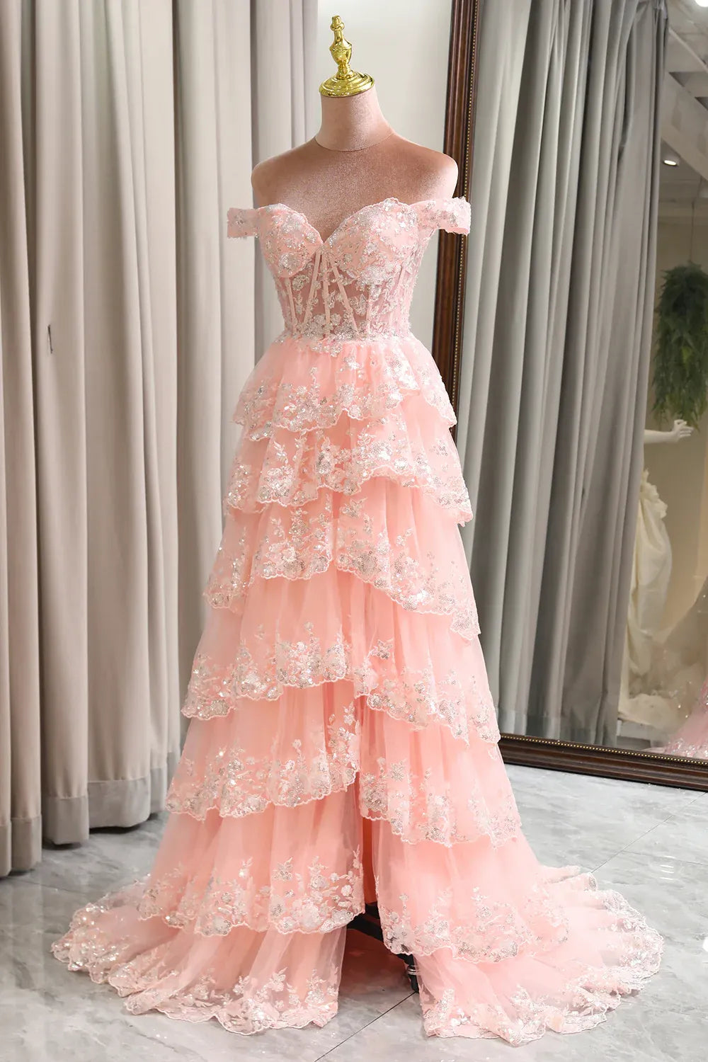 Romantic Ball Gown Off-Shoulder Tiered Blush Maxi Prom Dress
