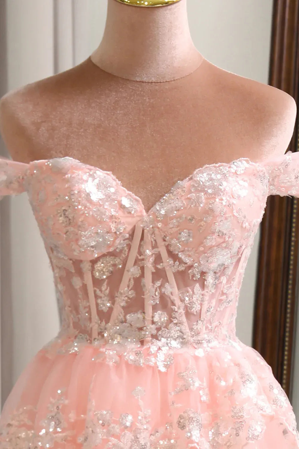 Romantic Ball Gown Off-Shoulder Tiered Blush Maxi Prom Dress