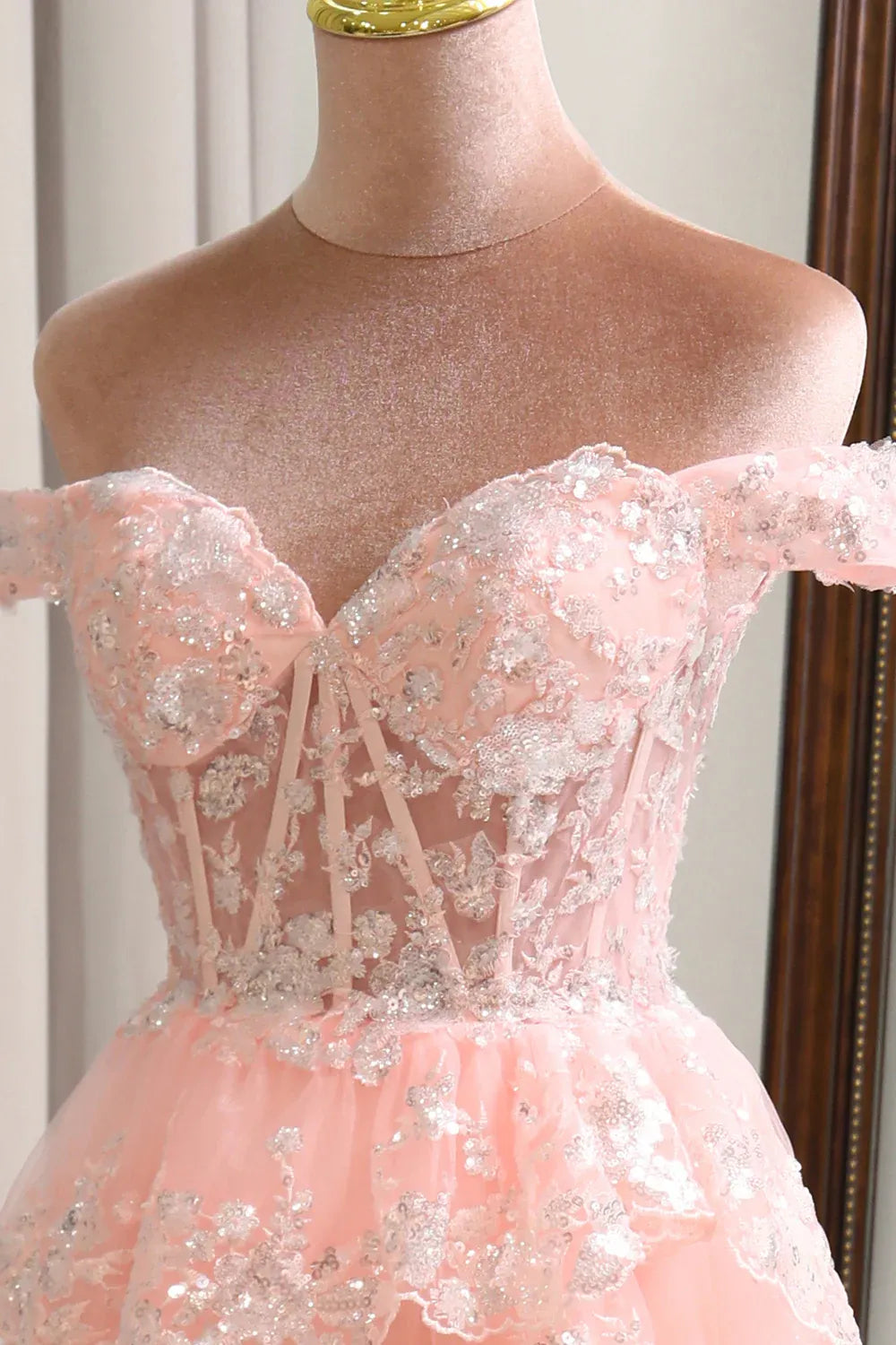 Romantic Ball Gown Off-Shoulder Tiered Blush Maxi Prom Dress