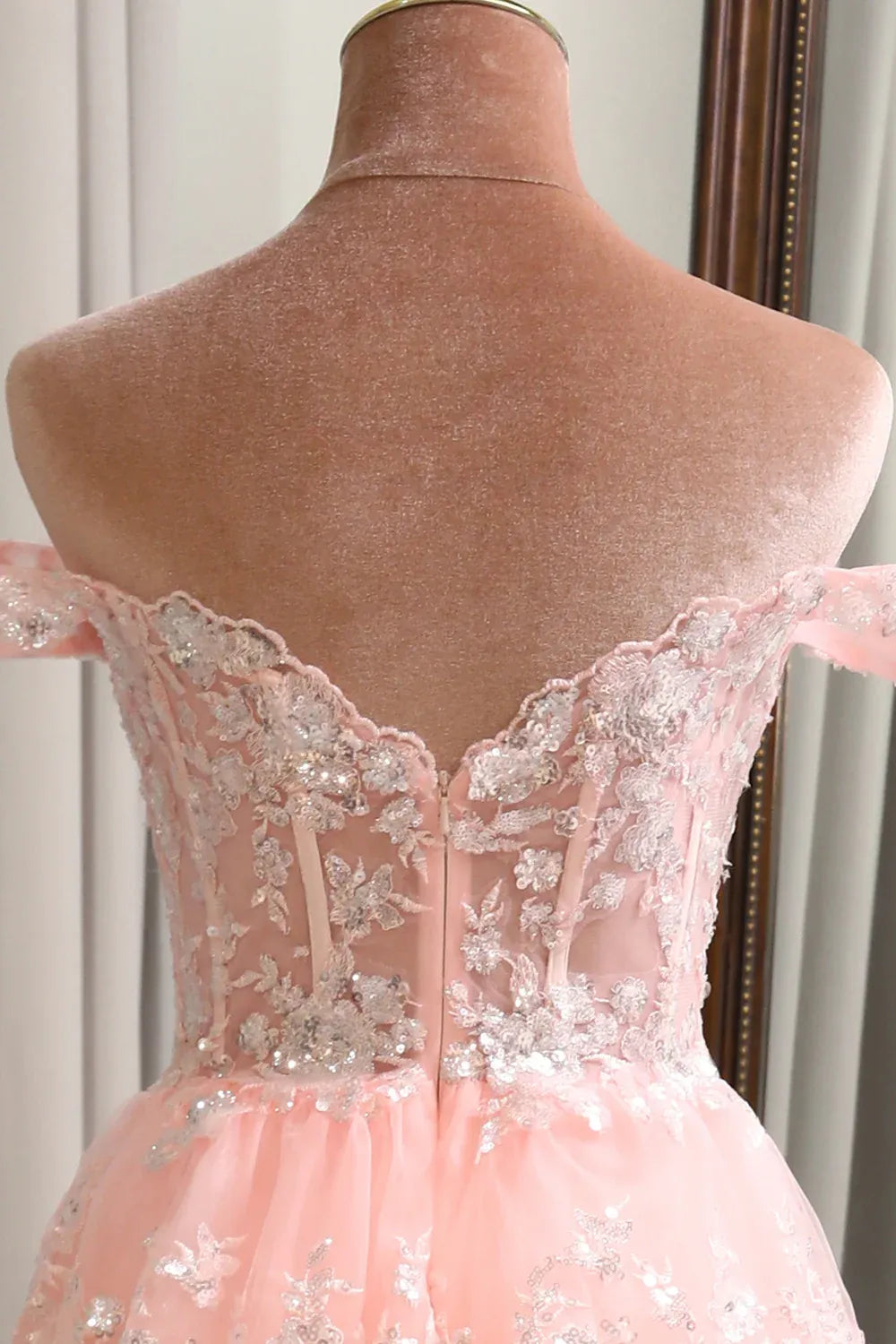 Romantic Ball Gown Off-Shoulder Tiered Blush Maxi Prom Dress