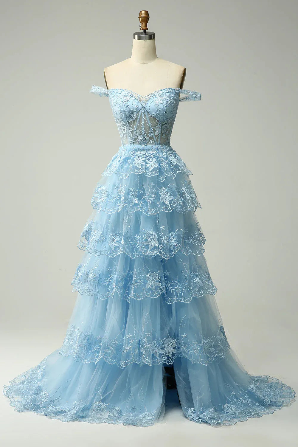 Light Blue Ball Gown Off-Shoulder Tiered Sheer Light Maxi Prom Dress