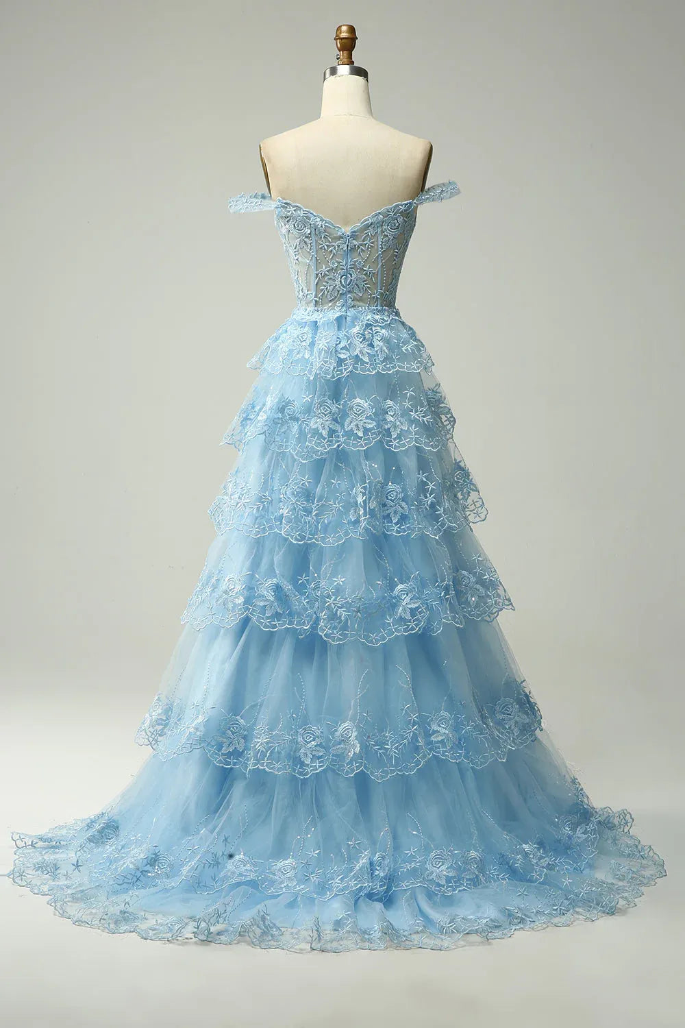 Light Blue Ball Gown Off-Shoulder Tiered Sheer Light Maxi Prom Dress