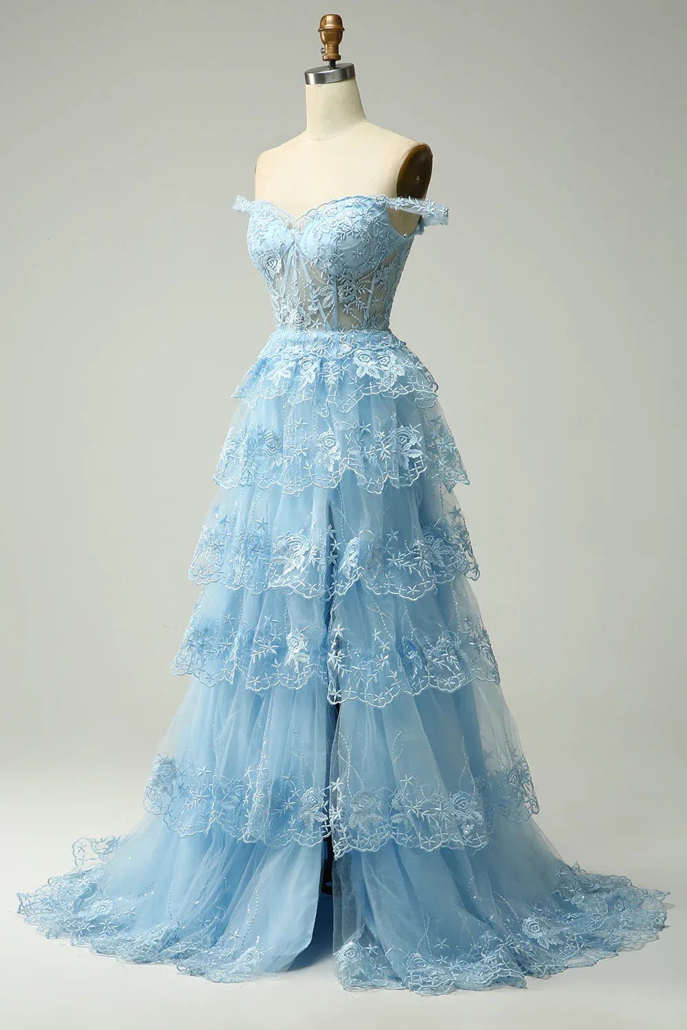 Light Blue Ball Gown Off-Shoulder Tiered Sheer Light Maxi Prom Dress