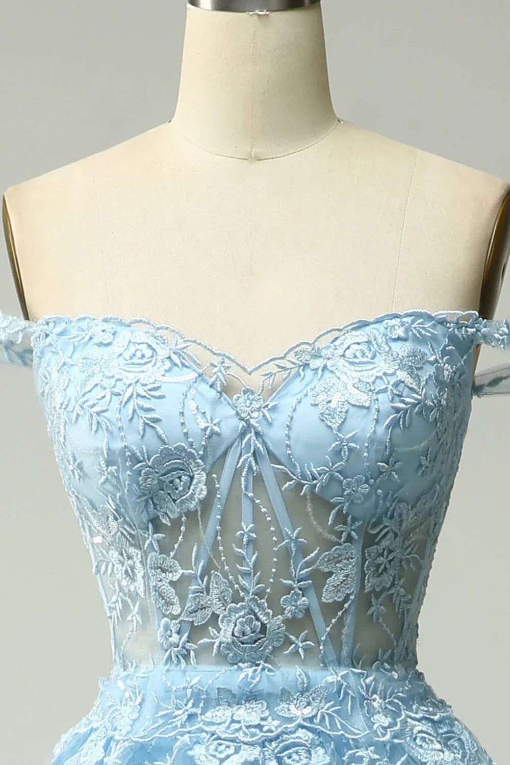 Light Blue Ball Gown Off-Shoulder Tiered Sheer Light Maxi Prom Dress