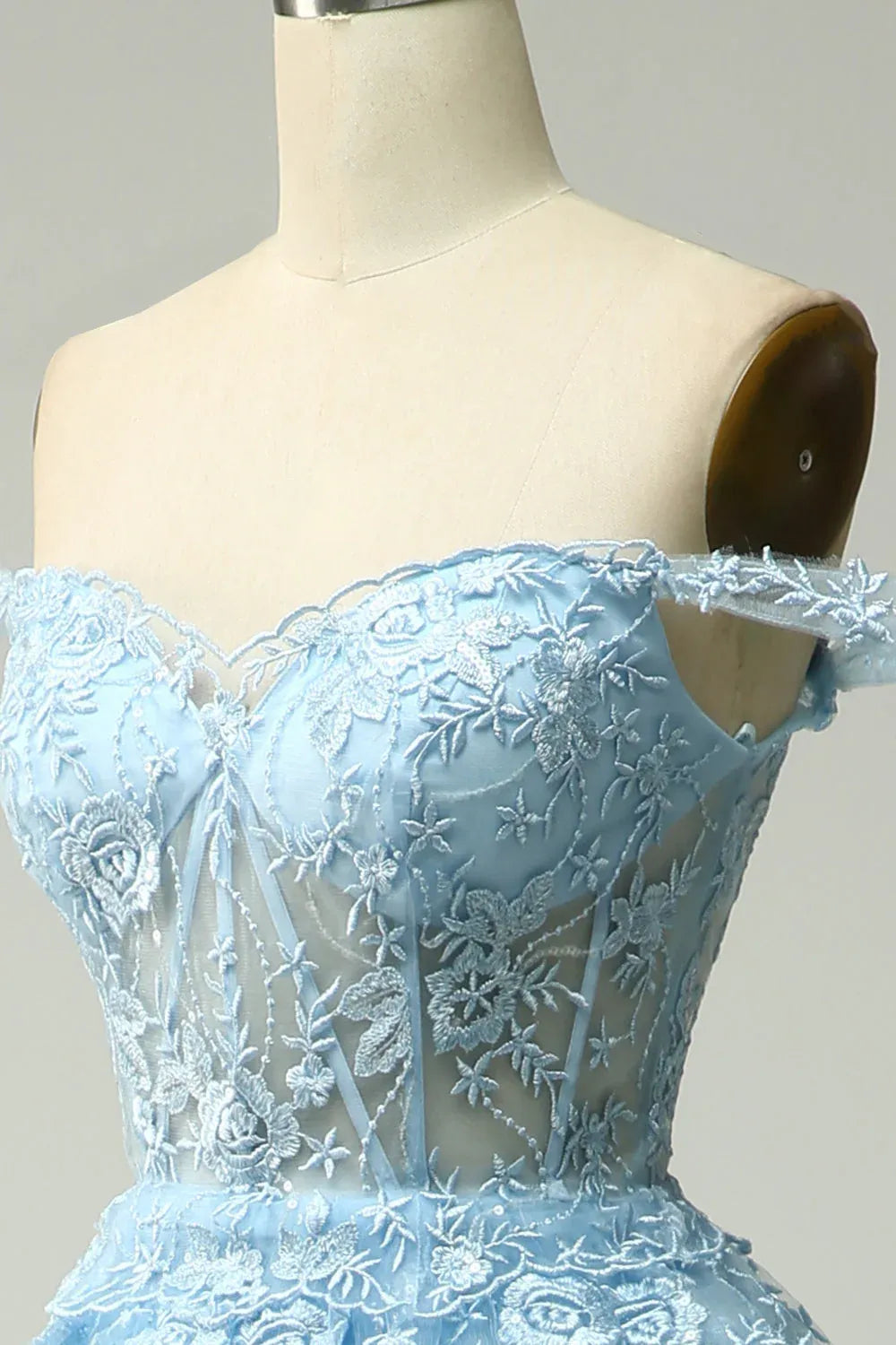 Light Blue Ball Gown Off-Shoulder Tiered Sheer Light Maxi Prom Dress