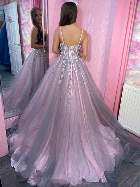 Pink Ball Gown Spaghetti Strap Corset 3D Floral Long Prom Dress
