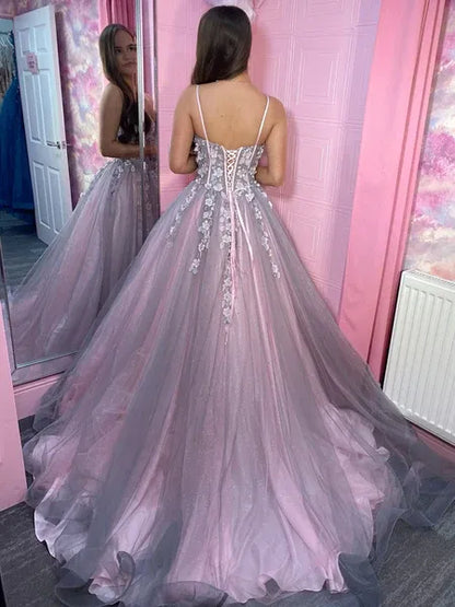 Glamorous Pink Floral Ball-Gown Classic-Neck Sleeveless Lace-Up-Back Floor-Length Prom Dress