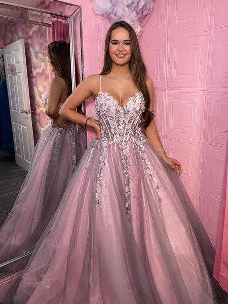 Pink Ball Gown Spaghetti Strap Corset 3D Floral Long Prom Dress
