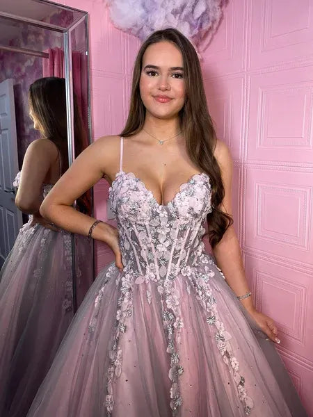 Pink Ball Gown Spaghetti Strap Corset 3D Floral Long Prom Dress