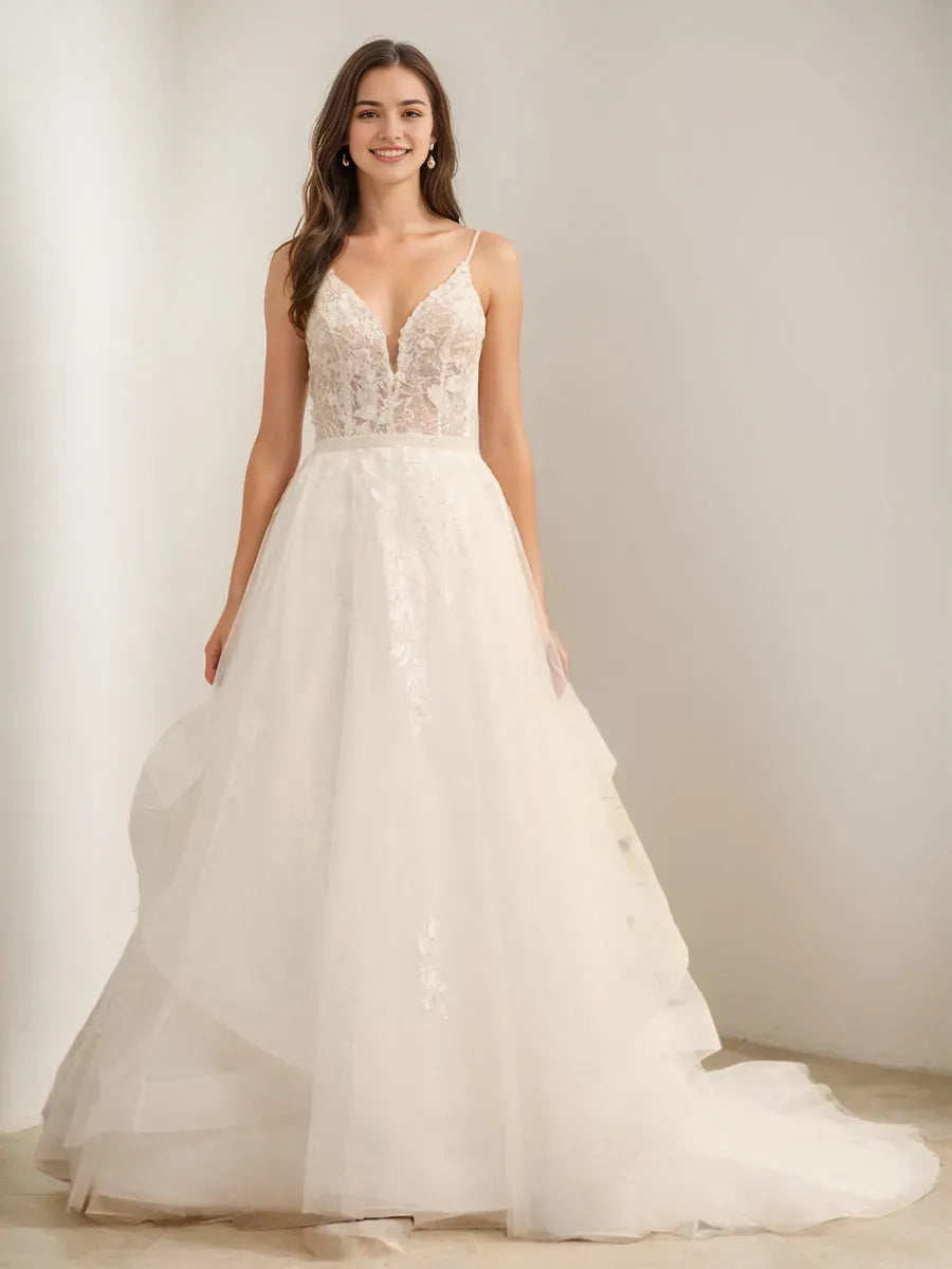 Ball Gown Spaghetti Straps Sleeveless Wedding Dress with Appliques Beading