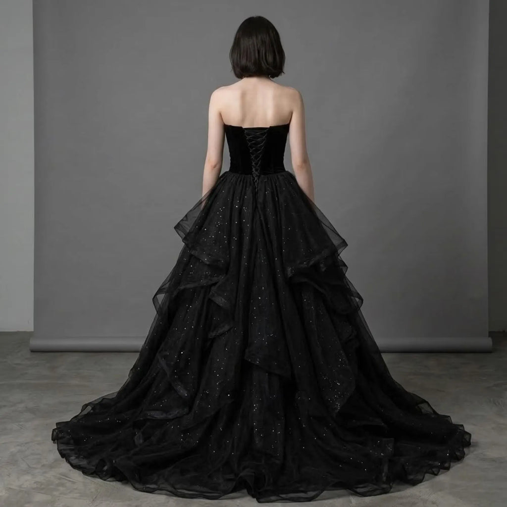 Black Ball Gown Sweetheart Layers Glitter Prom Dress With Train