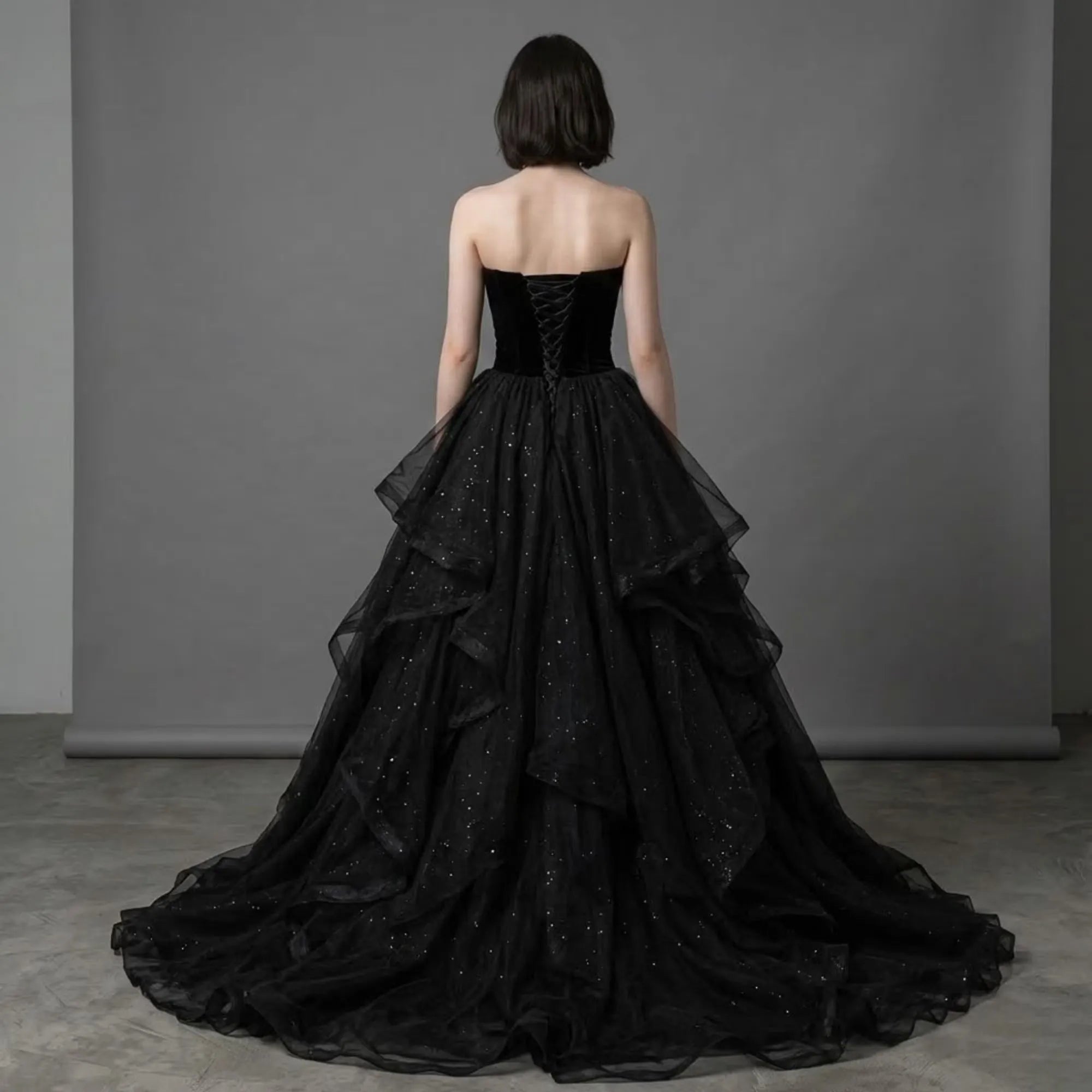 Black Ball Gown Sweetheart Layers Glitter Prom Dress With Train