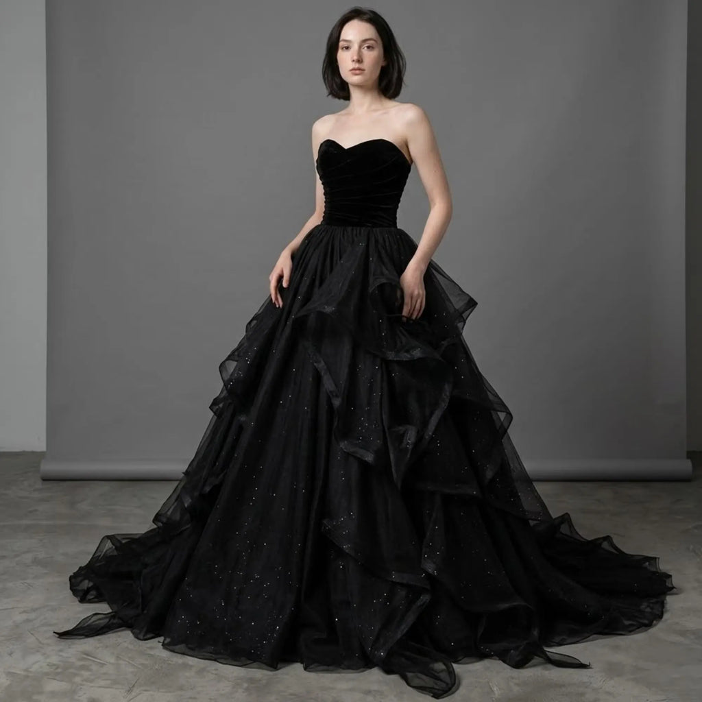 Black Ball Gown Sweetheart Layers Glitter Prom Dress With Train