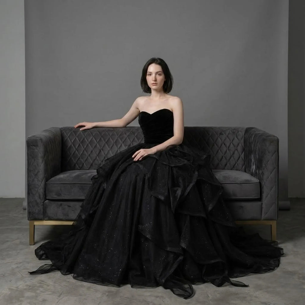 Black Ball Gown Sweetheart Layers Glitter Prom Dress With Train
