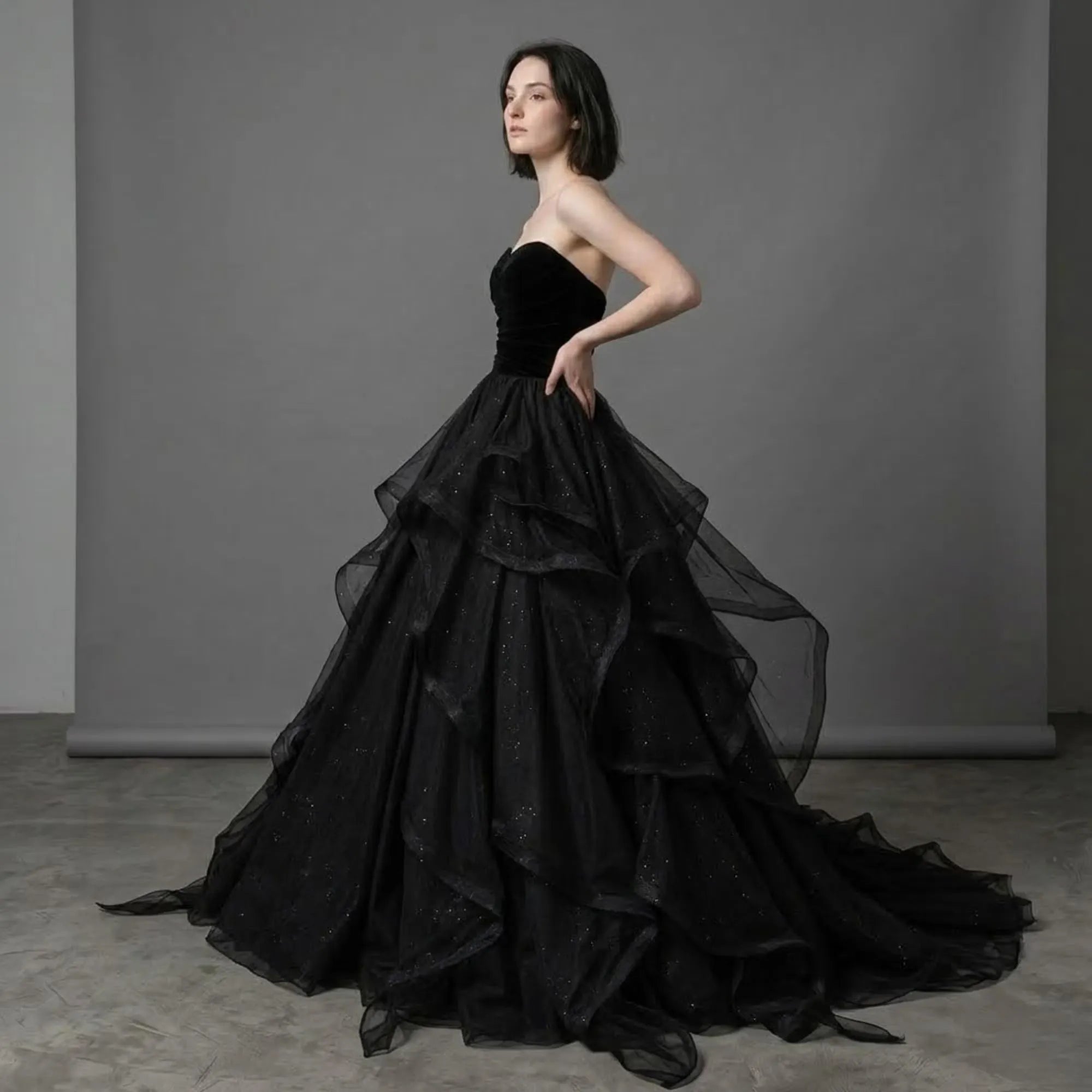 Black Ball Gown Sweetheart Layers Glitter Prom Dress With Train