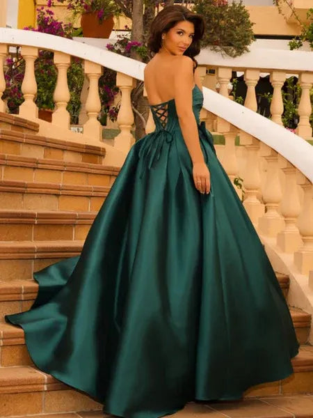 Green Ball Gown Sweetheart Pleated Emerald Long Prom Dress With Bow