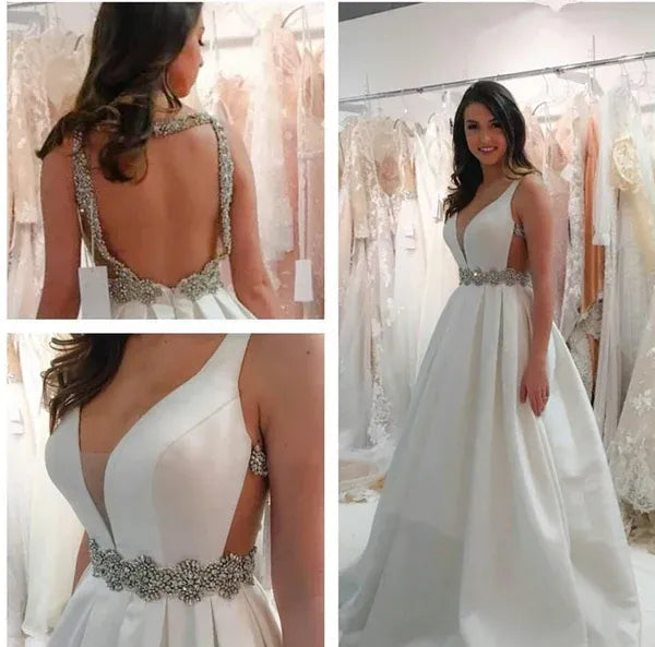 White Ball gown V-Neck Beaded Open-Back Chapel Wedding Dress Custom